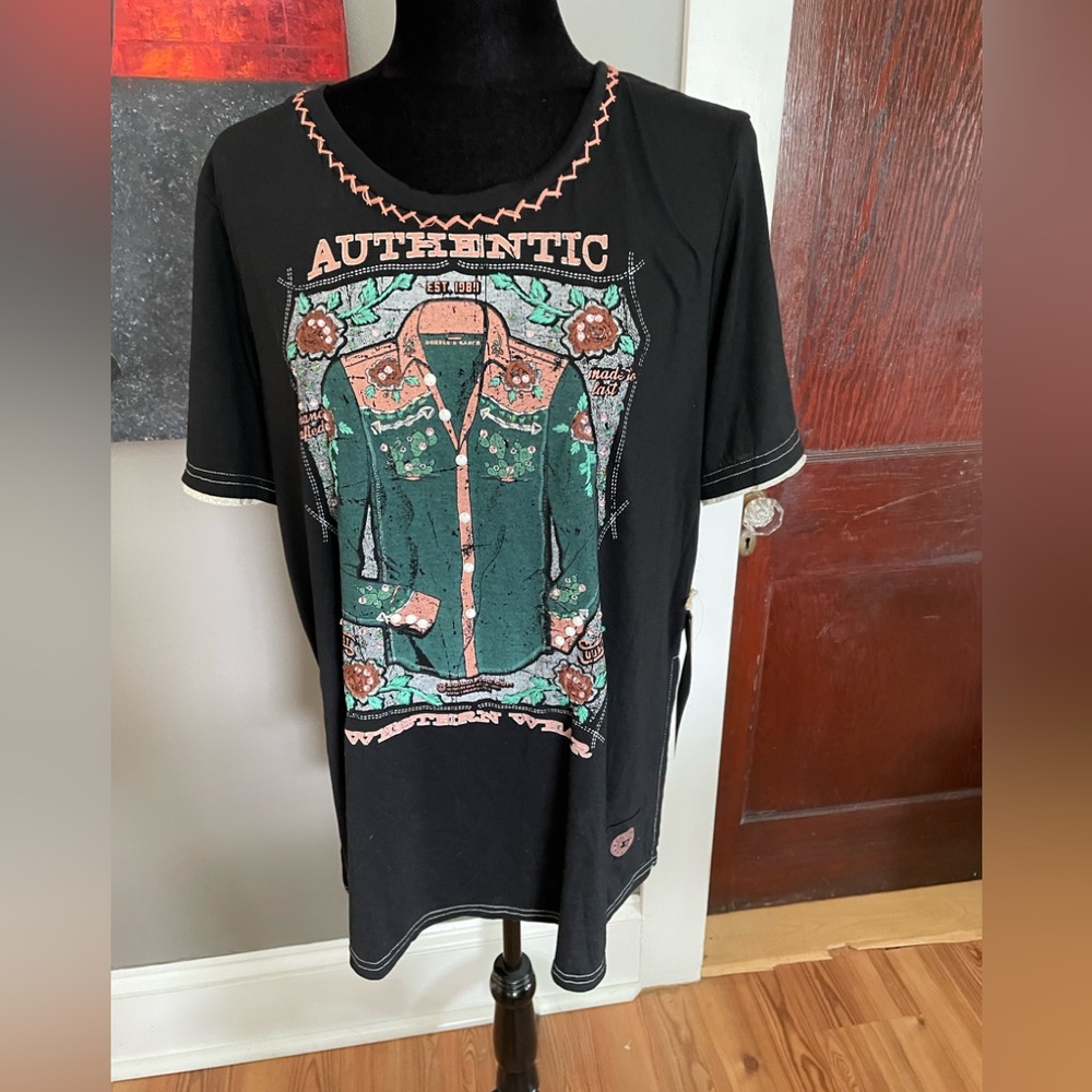 Double D Ranch Black Tee with Green & Pink Jacket Graphic